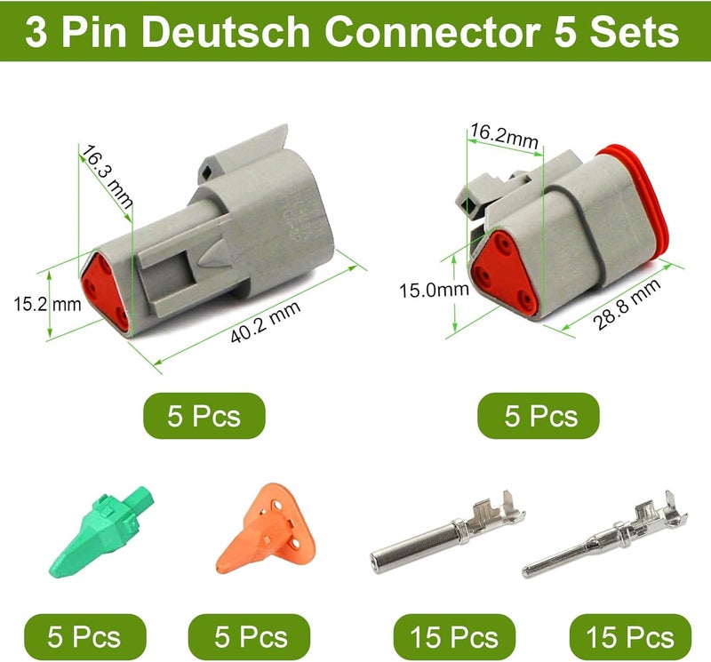 Twippo 3 Pin Deutsch Connector Kit 5 Sets, Gray DT Connector Kit, 3 Pin Automotive Waterproof Wire Connectors, Electrical Connectors Kit with 16# Stamped Contacts for Car, RV, Truck Wiring 22-16AWG - Image 2